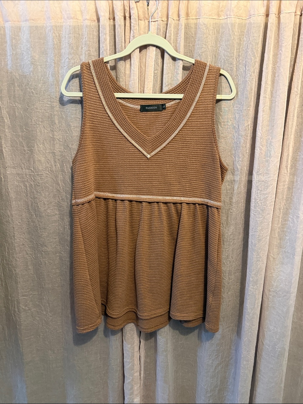V-Neck Brown Knit Tank Top with Trim Detail